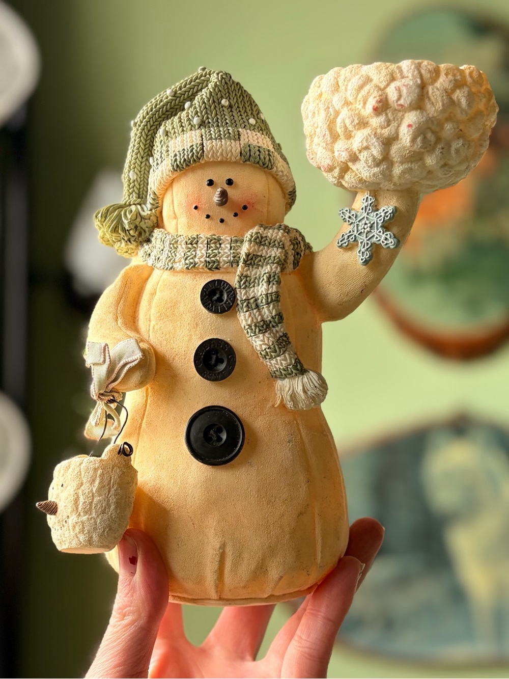 Winter Festive Cream Snowman Tealight Candle Holder Figurine Knit Hat & Scarf